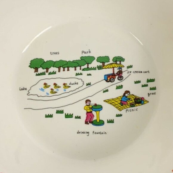 Interpur 1985 Childrens Melamine Bowl With ABC Design & Picnic In Park Scene - Picture 2 of 4